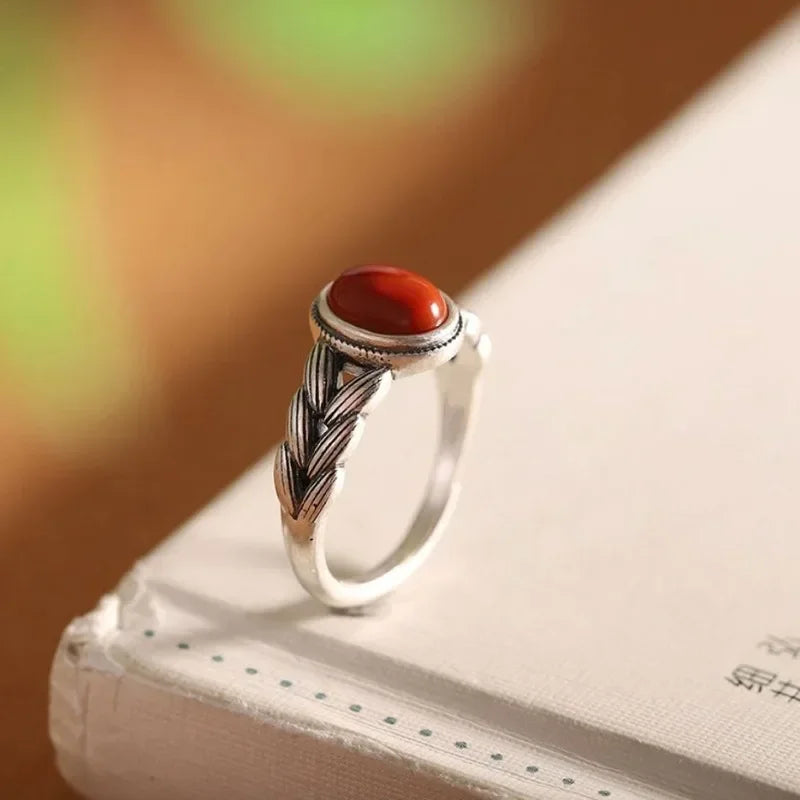 Retro Hollow Wheat Ear Red Stone Rings for Women Gift Fashion Ethnic Style Open Index Finger Ring Boho Mom's Jewelry Accessories