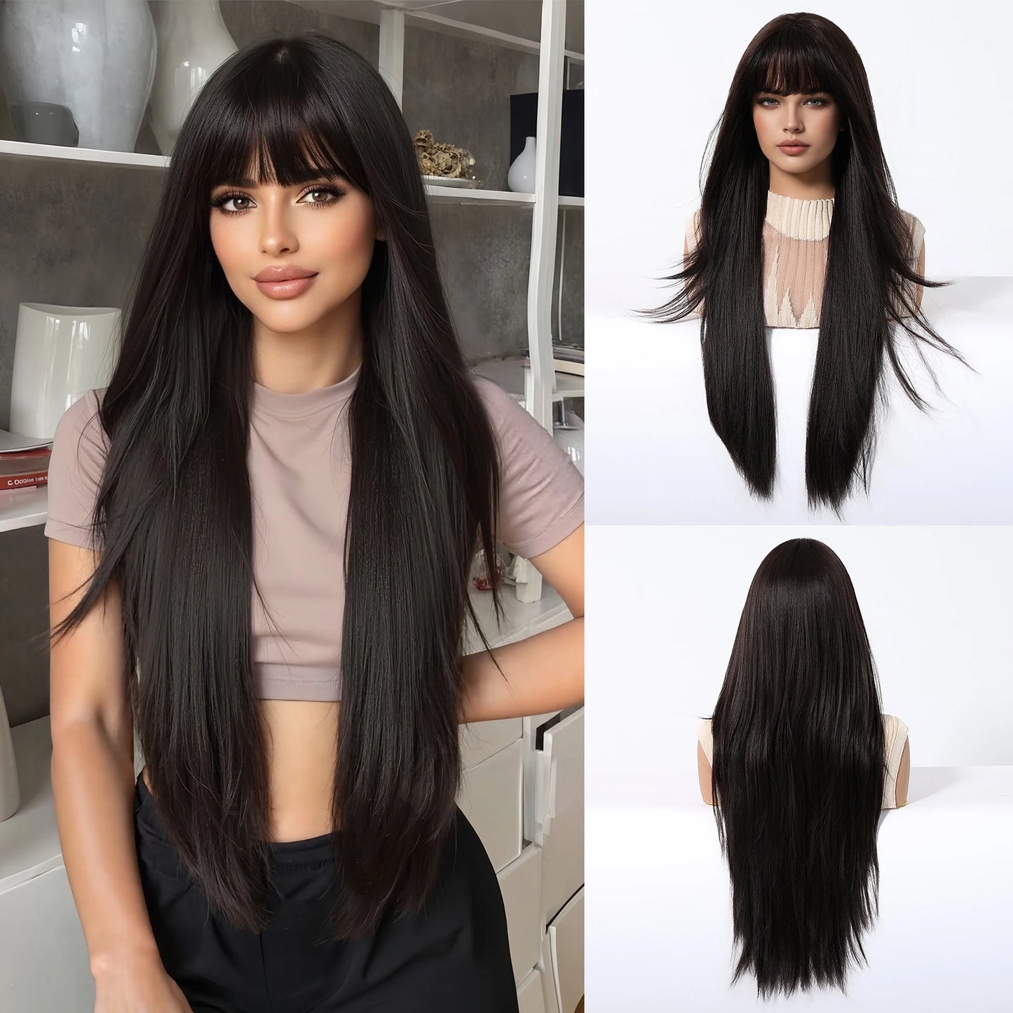 EASIHAIR Women Synthetic Wigs Long Brown Ombre Blonde Layered Hair Straight Wigs