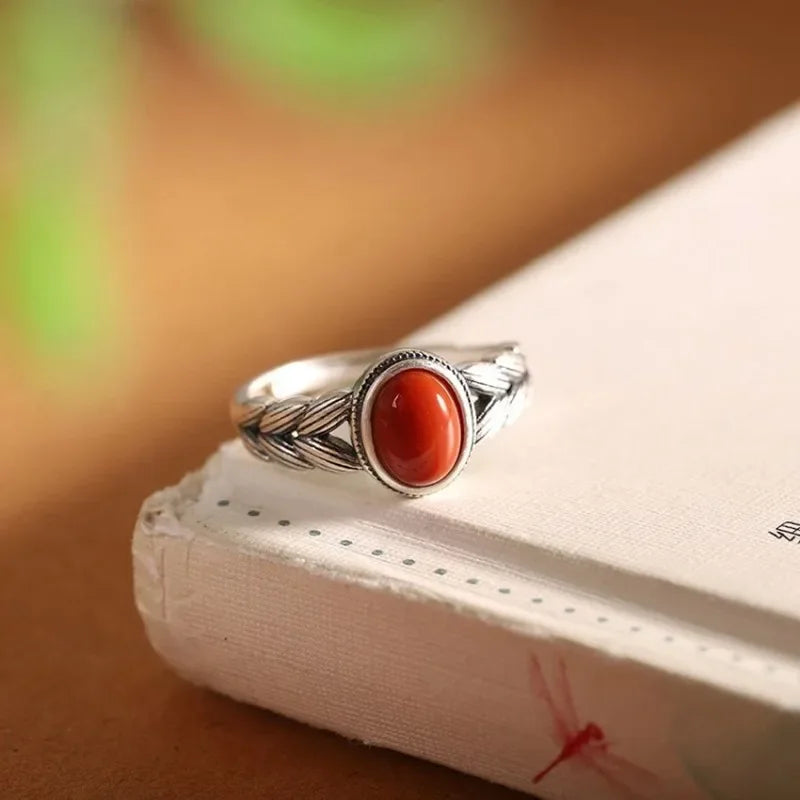 Retro Hollow Wheat Ear Red Stone Rings for Women Gift Fashion Ethnic Style Open Index Finger Ring Boho Mom's Jewelry Accessories