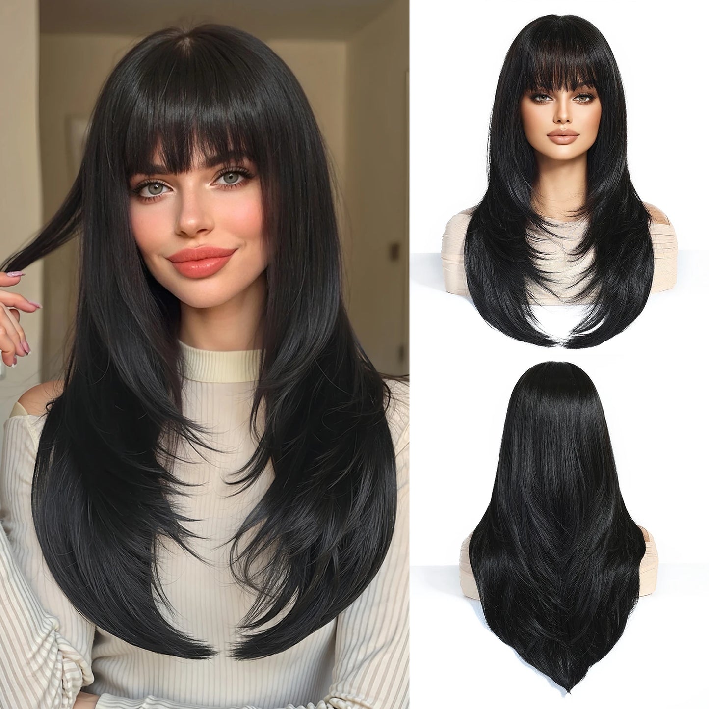 EASIHAIR Brown Straight Layered Wigs for Women Long Natural Hair