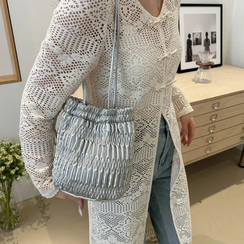 Silver Pleated Drawstring Shoulder Bucket Bags Women
