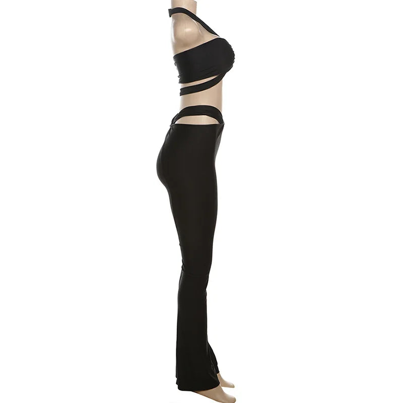 Bandage Sexy Hollow Out 2 Piece Sets Flare Pants Women Luxury