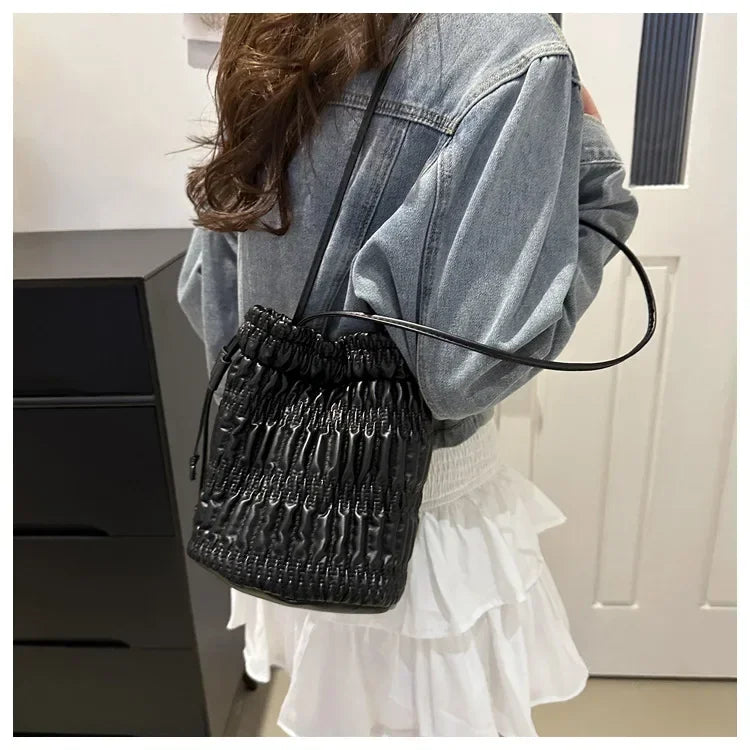 Silver Pleated Drawstring Shoulder Bucket Bags Women