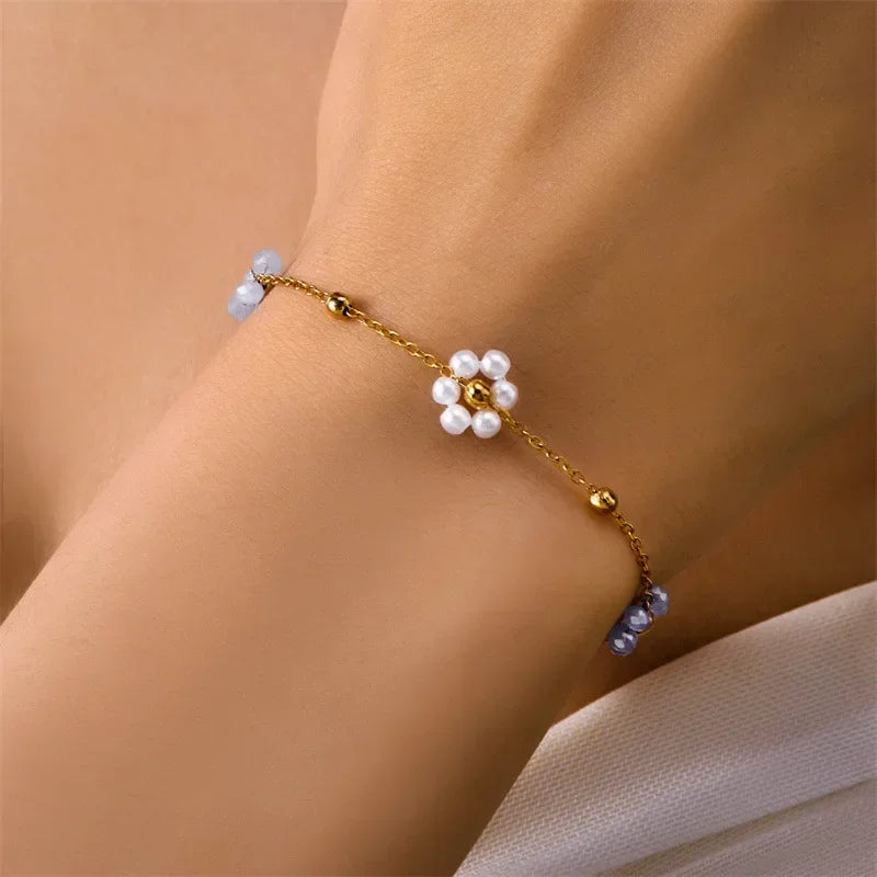 Sweet Cute Crystal Imitation Pearl Flower Bracelets