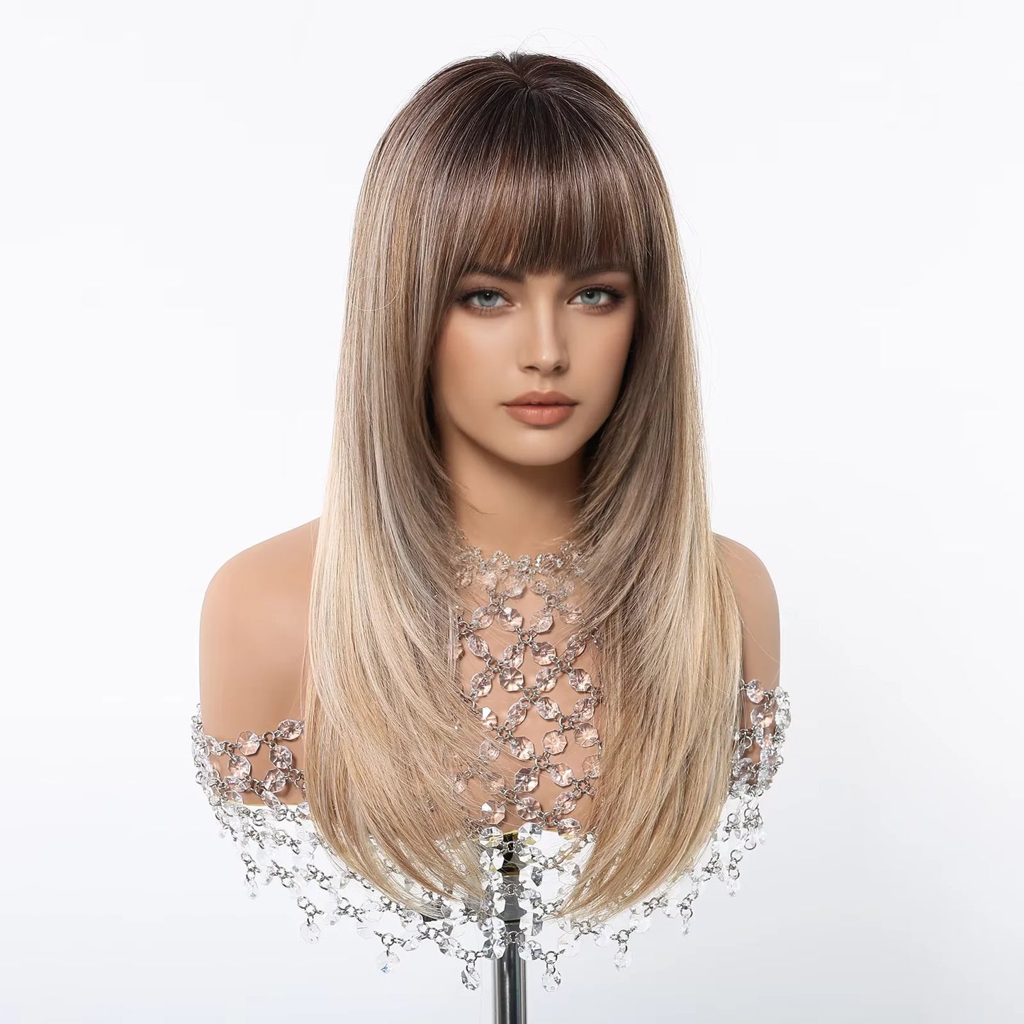 EASIHAIR Women Synthetic Wigs Long Brown Ombre Blonde Layered Hair Straight Wigs