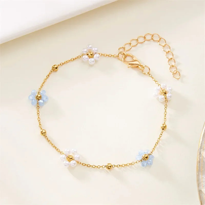 Sweet Cute Crystal Imitation Pearl Flower Bracelets