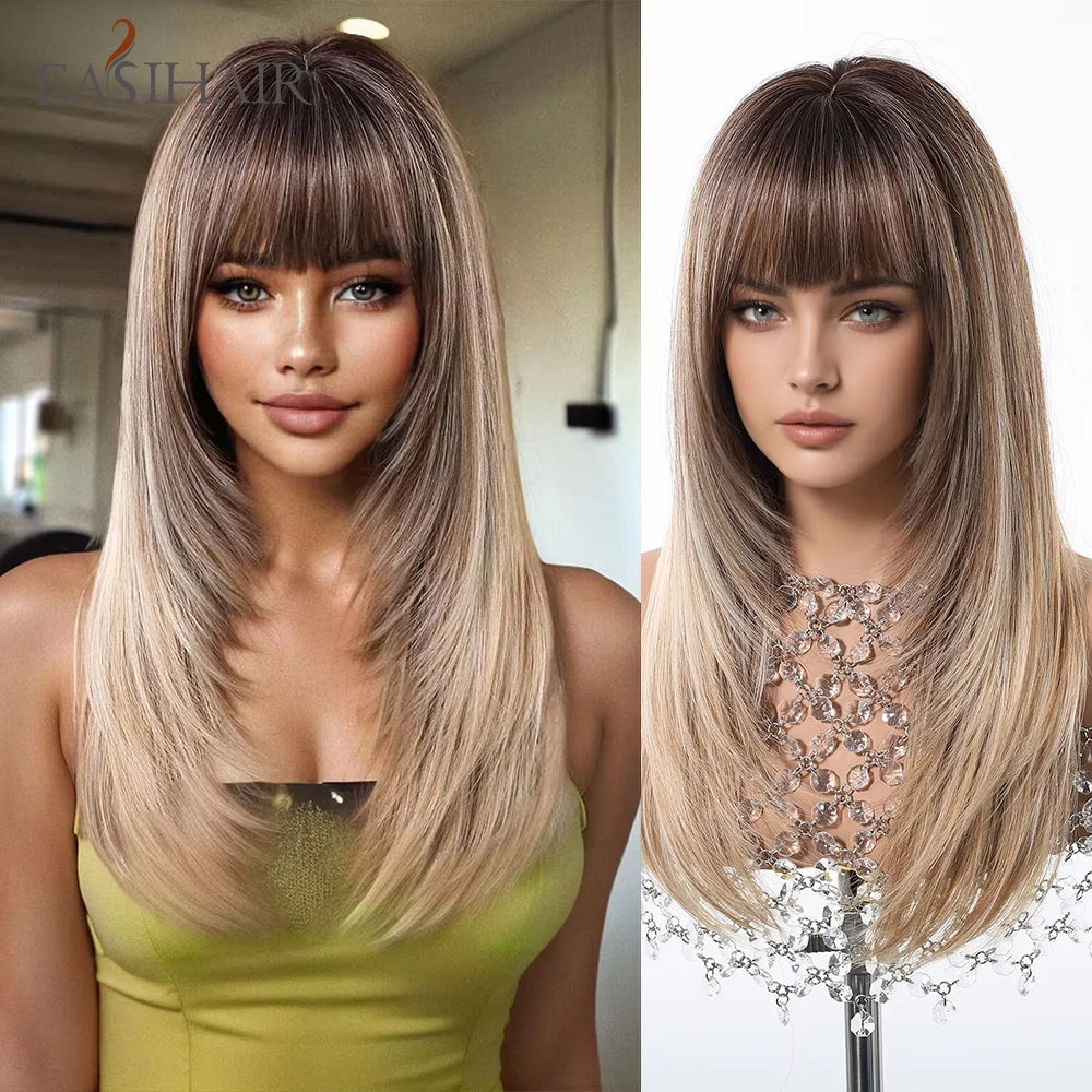 EASIHAIR Women Synthetic Wigs Long Brown Ombre Blonde Layered Hair Straight Wigs
