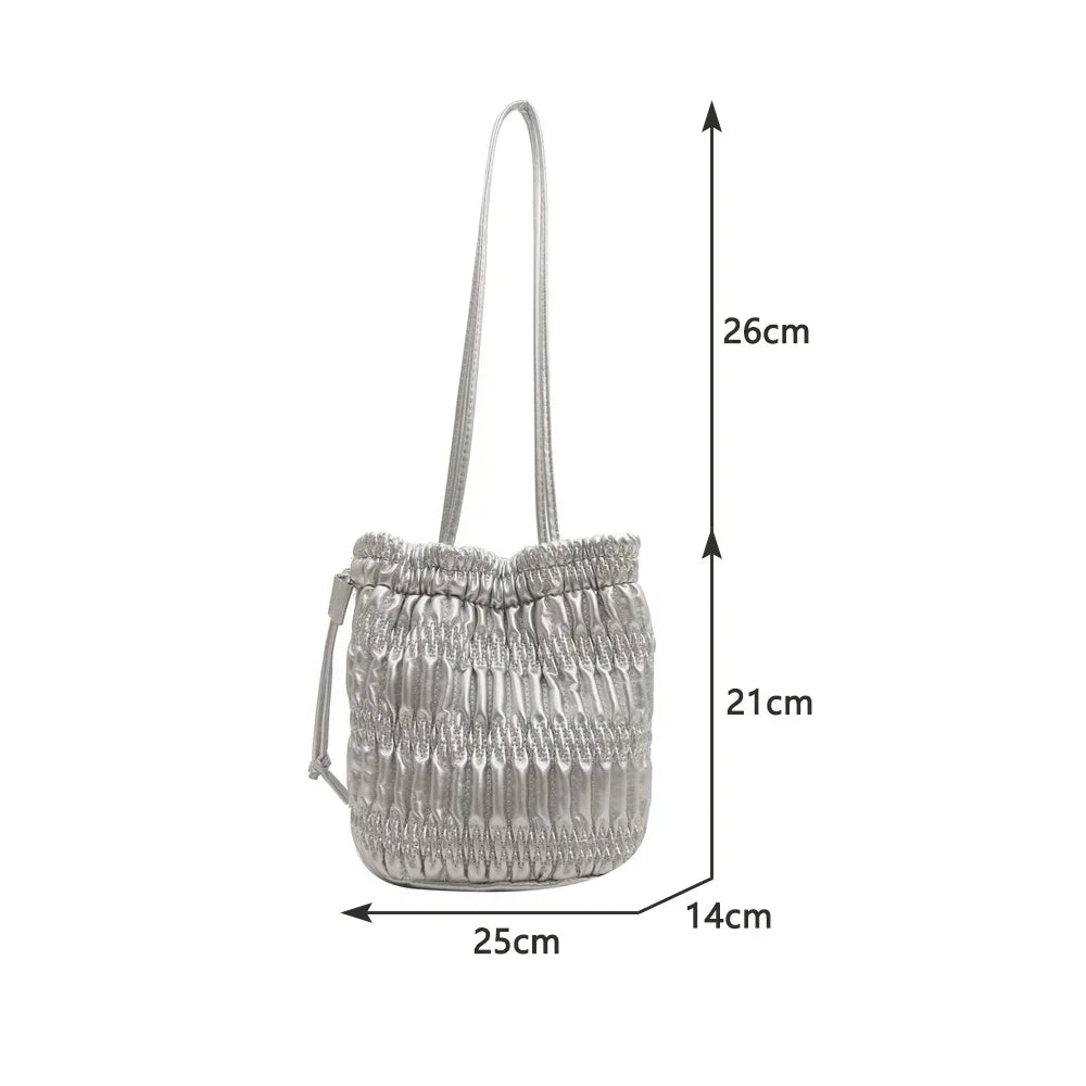 Silver Pleated Drawstring Shoulder Bucket Bags Women