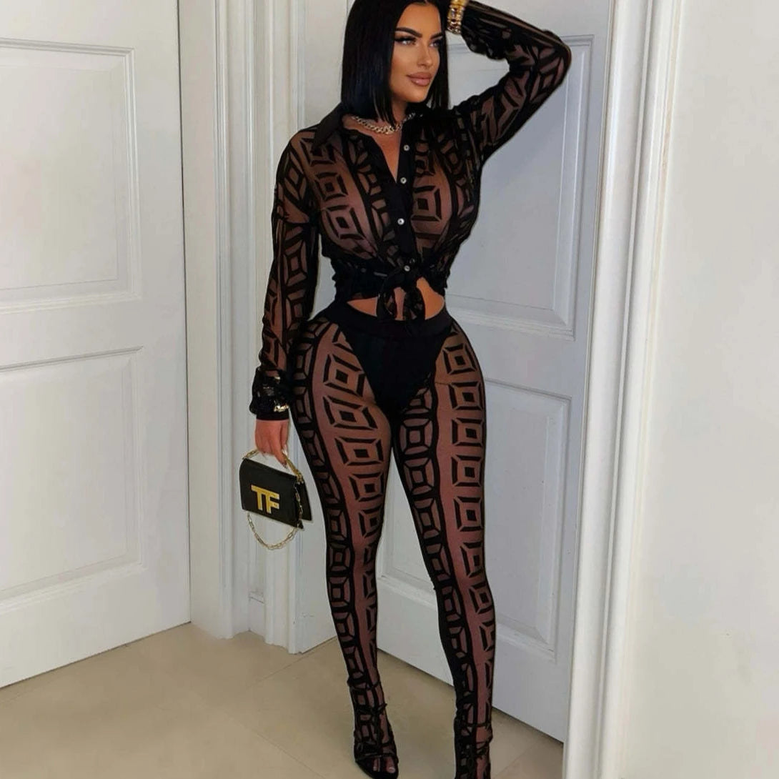 FAGADOER Sexy Mesh Women 2 Piece Set Outfit See Through