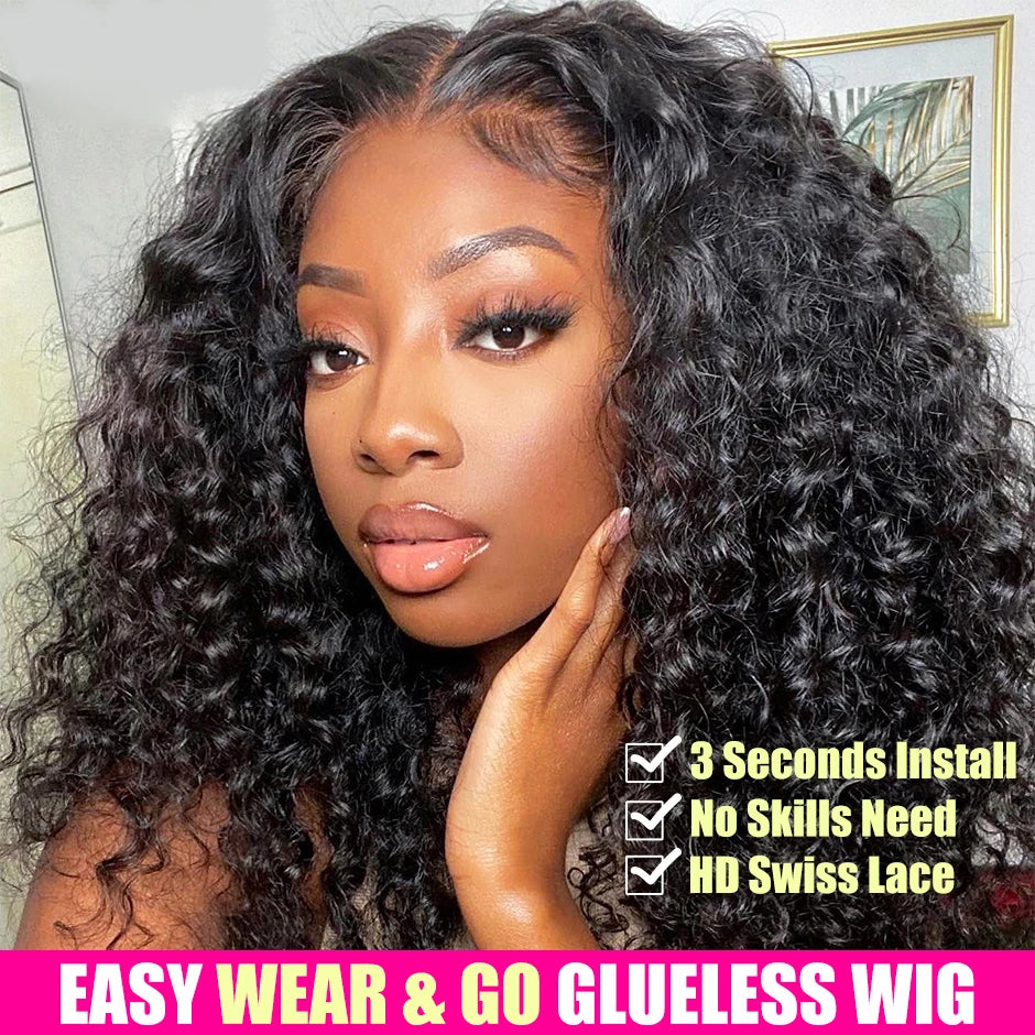 Water Wave Glueless Wig Pre-Cut Lace Wig 180% Pre-Plucked Natural