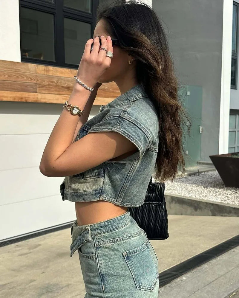 Women Fashion Denim 2 Piece Set Turn Down Collar Short Sleeve
