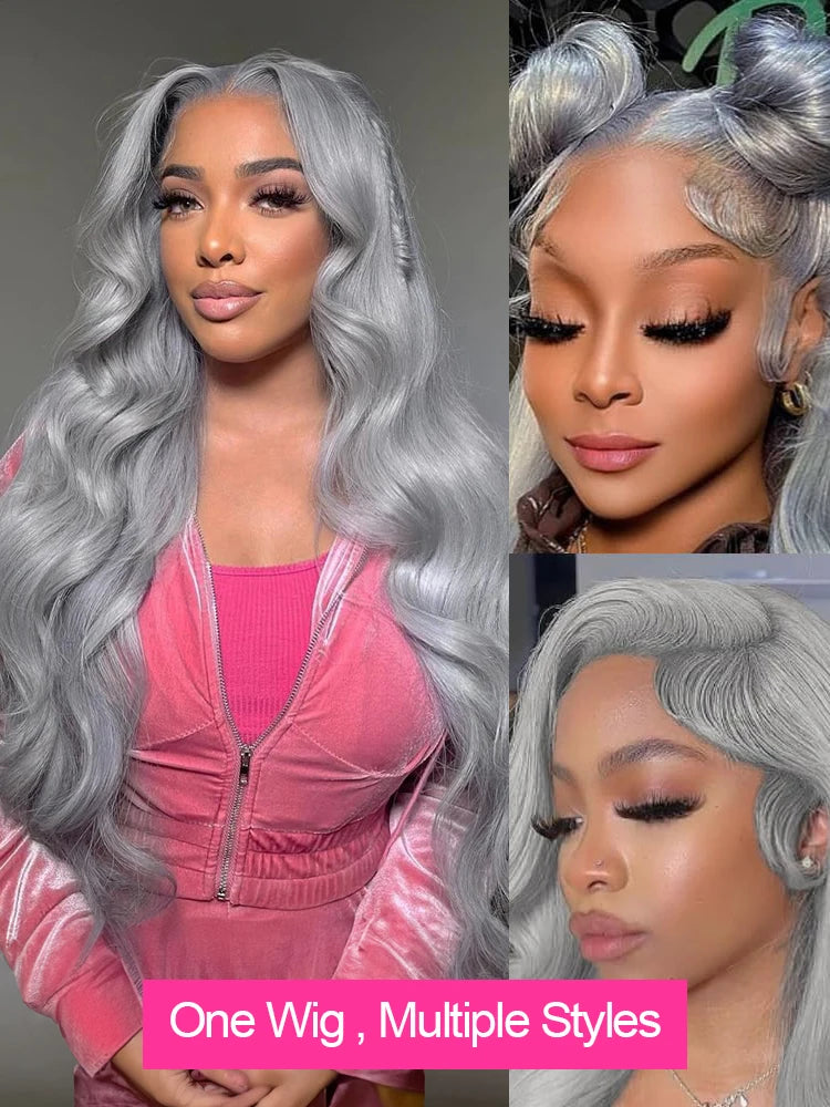 250% Silver Grey Human Hair Wig Body Wave Raw