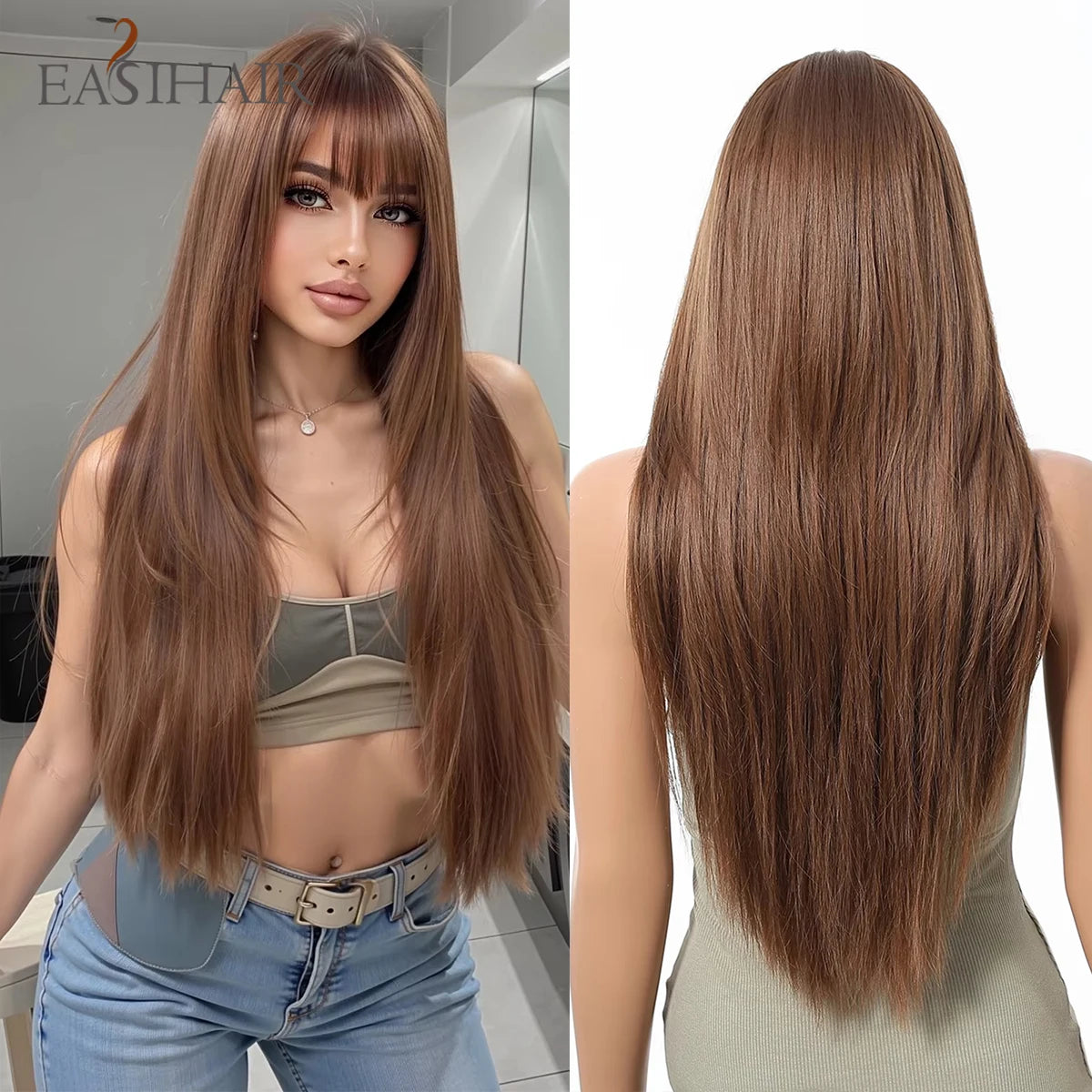 EASIHAIR Brown Straight Layered Wigs for Women Long Natural Hair