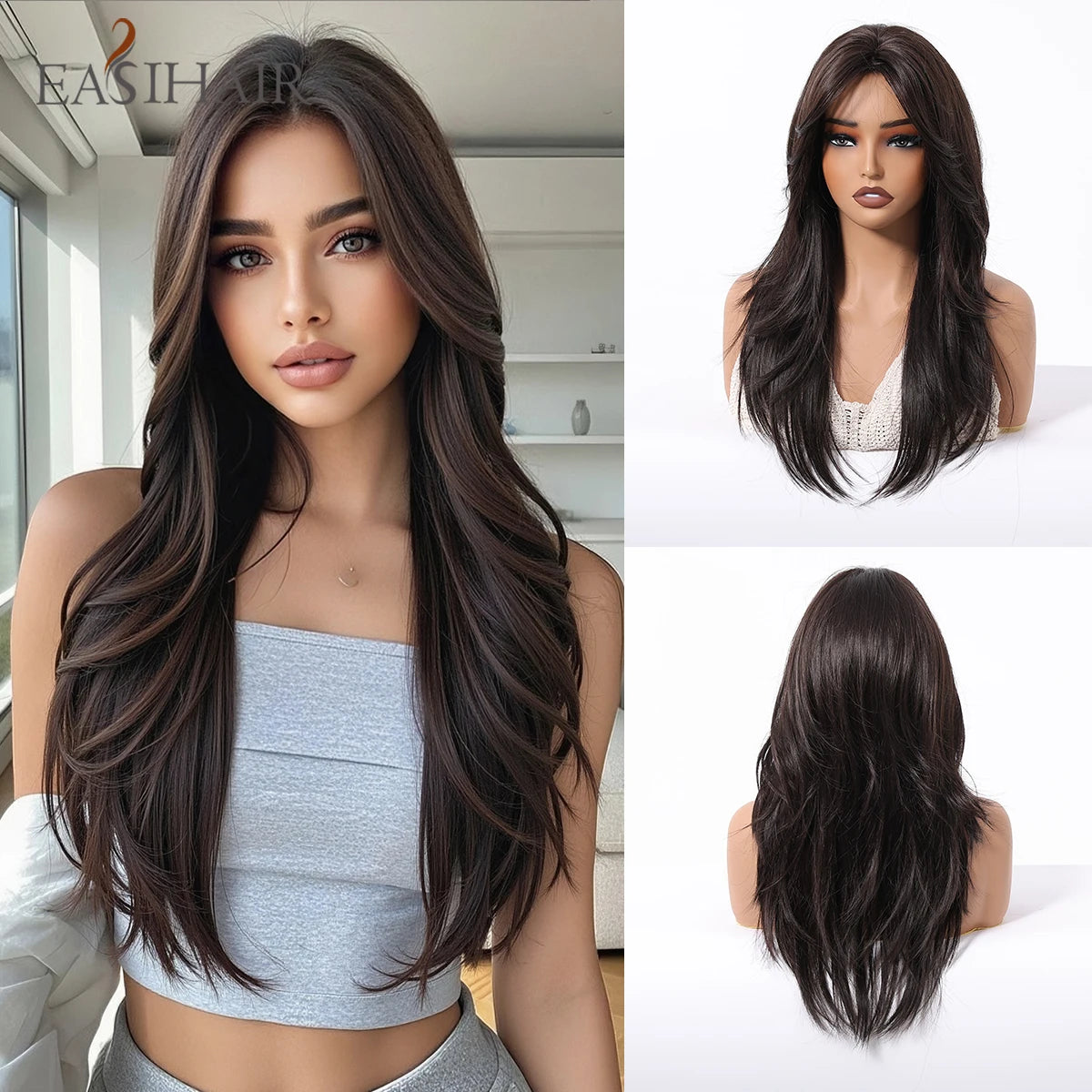 EASIHAIR Brown Straight Layered Wigs for Women Long Natural Hair