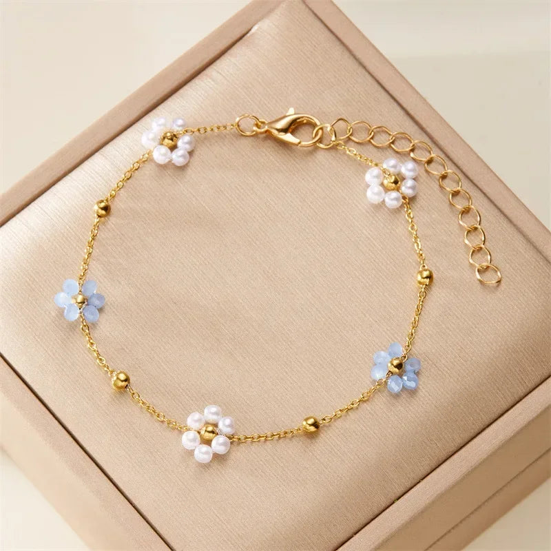 Sweet Cute Crystal Imitation Pearl Flower Bracelets