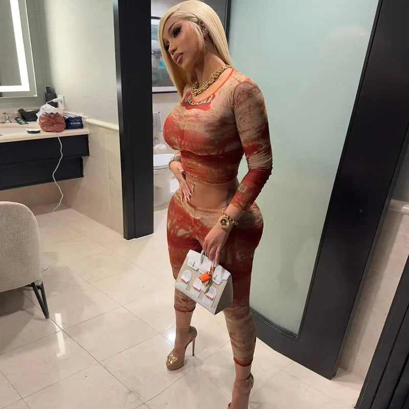 2025 Summer Sexy Mesh Print Slim 2 Piece Set Women O Neck Full
