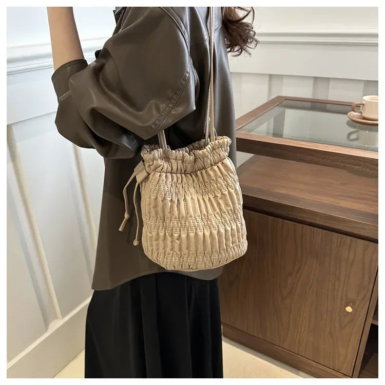 Silver Pleated Drawstring Shoulder Bucket Bags Women