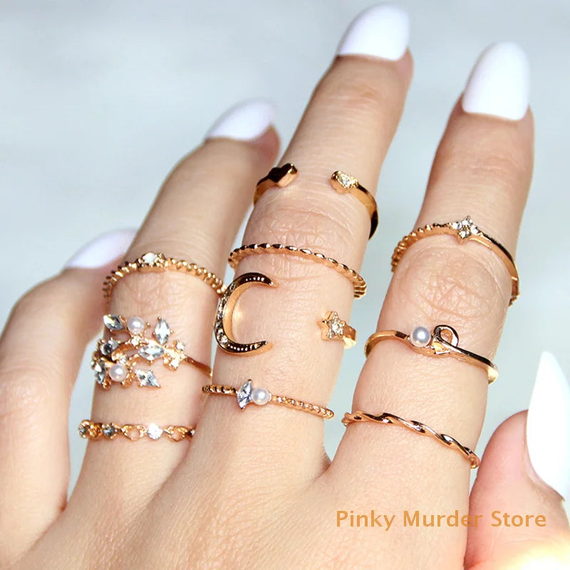 Store~10 Pcs/set Moon Star Rings Women Girls Bohemian