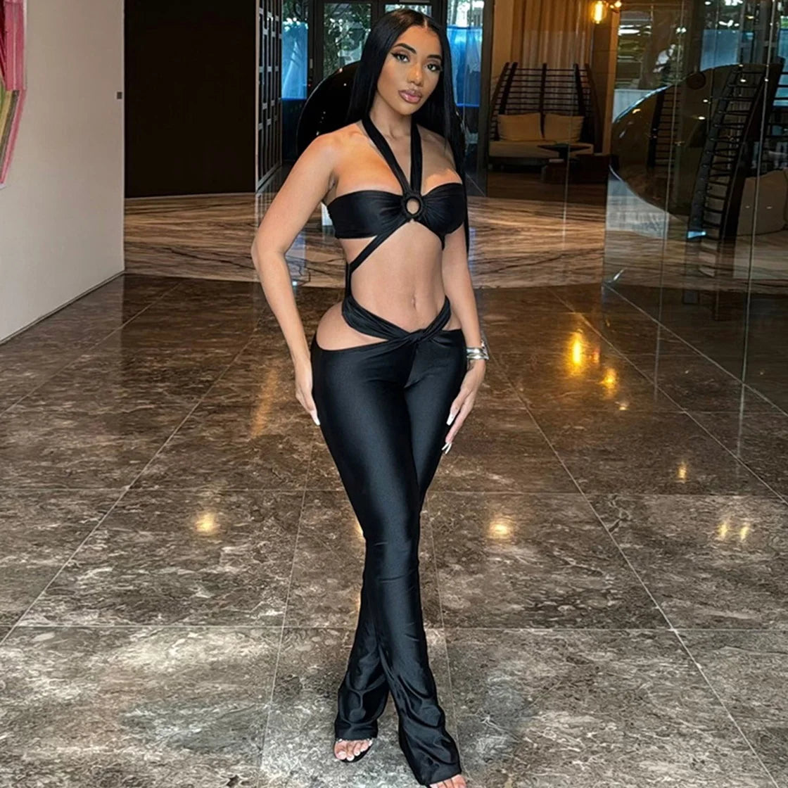 Bandage Sexy Hollow Out 2 Piece Sets Flare Pants Women Luxury
