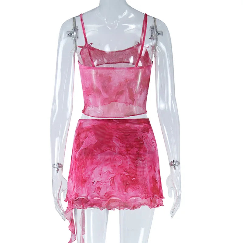 Sexy Camisole Two-piece Set Cute Y2K Kawaii Mesh Sheer Strap