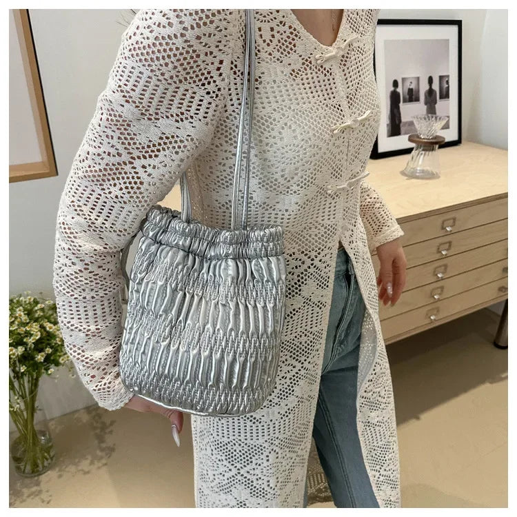 Silver Pleated Drawstring Shoulder Bucket Bags Women