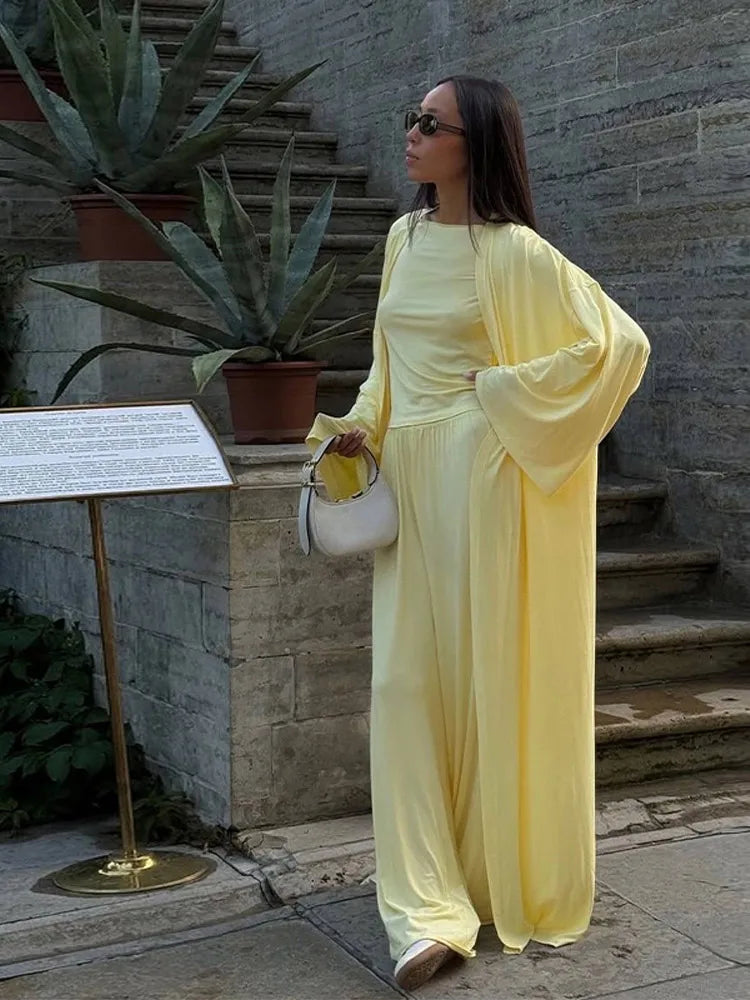 Casual Yellow Women 3 Pieces Suits 2025 V-neck Long Coat