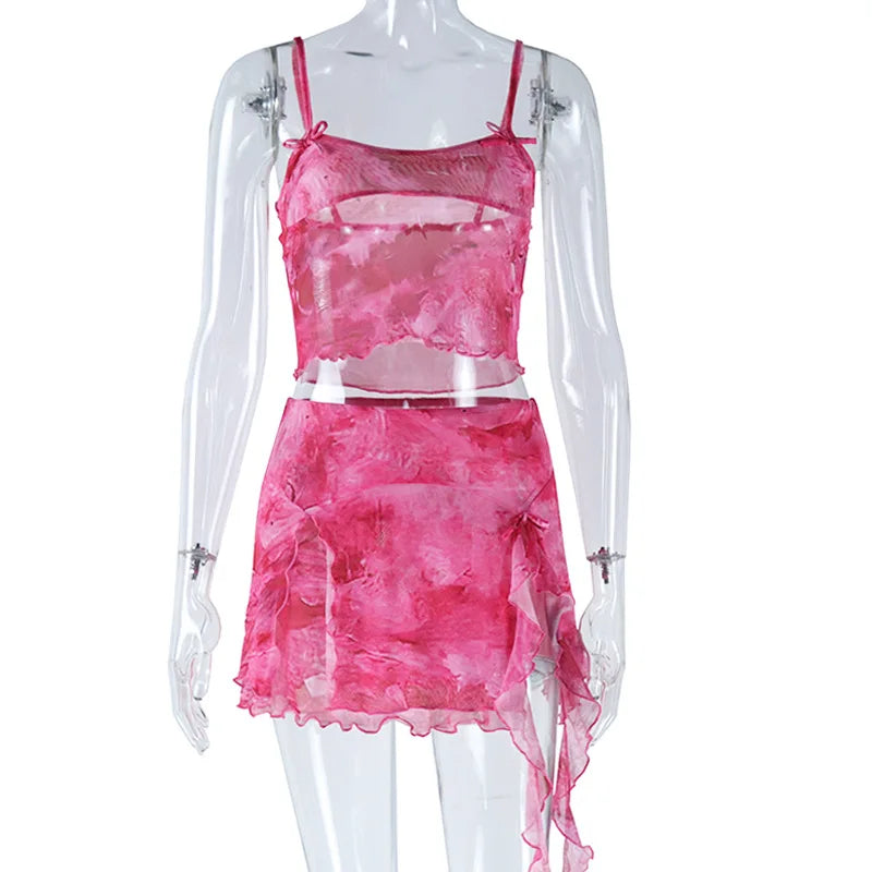 Sexy Camisole Two-piece Set Cute Y2K Kawaii Mesh Sheer Strap