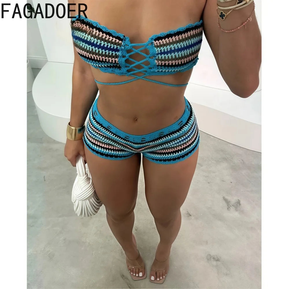 FAGADOER Y2k Sexy Knit 2 Piece Sets Women Outfit Tube Stripe Lace