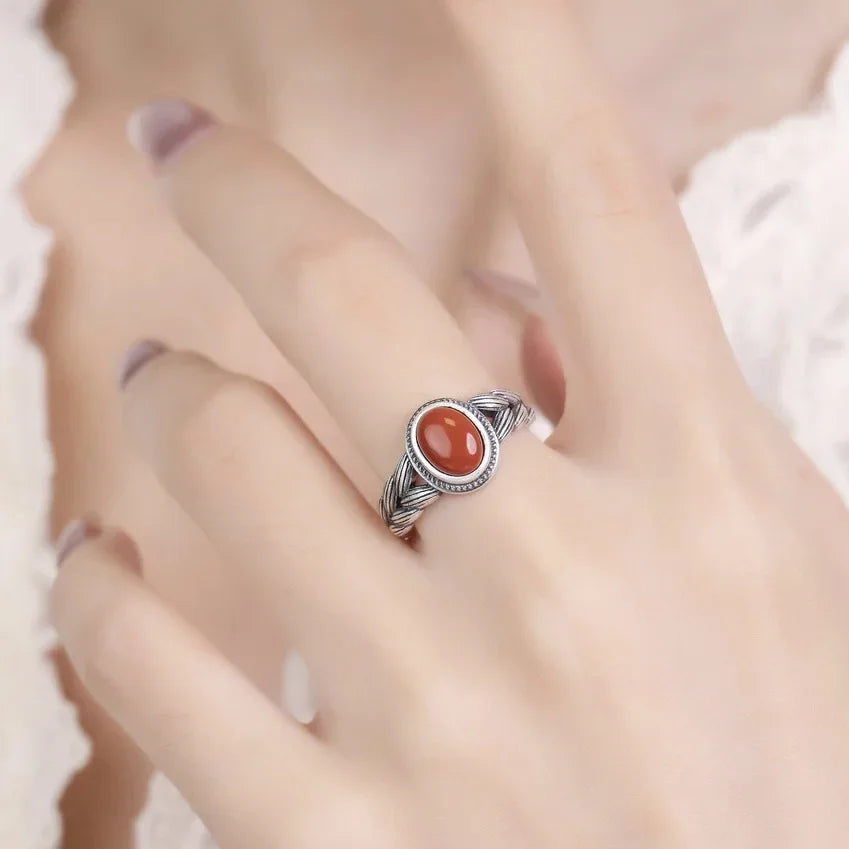 Retro Hollow Wheat Ear Red Stone Rings for Women Gift Fashion Ethnic Style Open Index Finger Ring Boho Mom's Jewelry Accessories