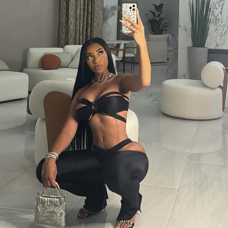 Bandage Sexy Hollow Out 2 Piece Sets Flare Pants Women Luxury