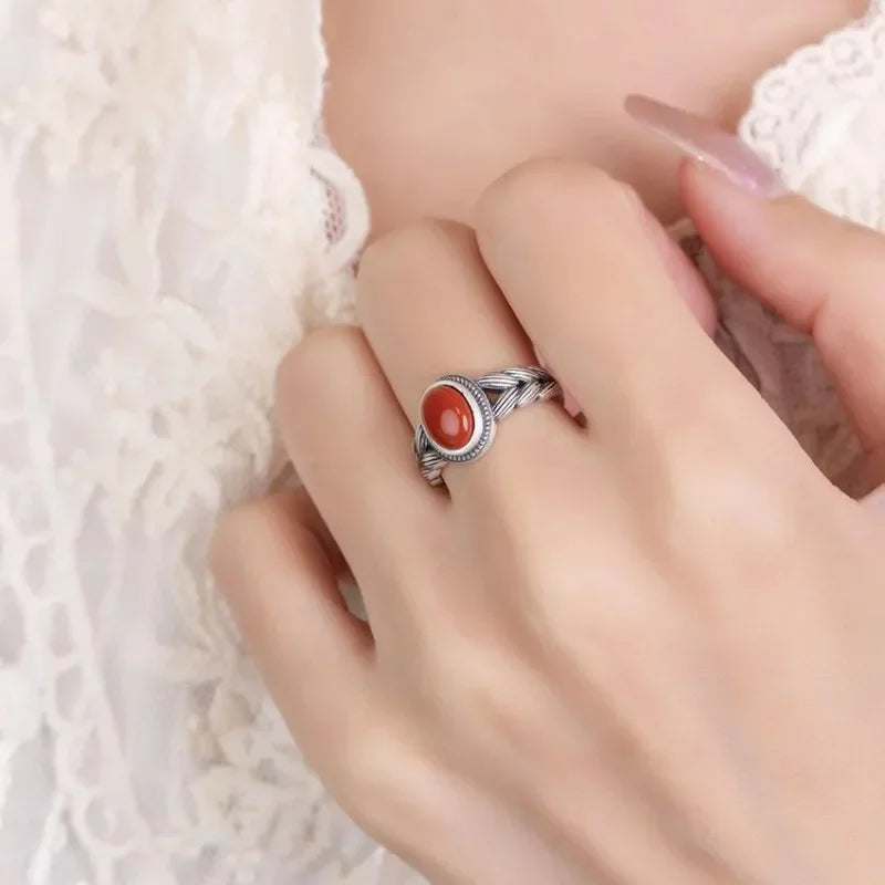 Retro Hollow Wheat Ear Red Stone Rings for Women Gift Fashion Ethnic Style Open Index Finger Ring Boho Mom's Jewelry Accessories