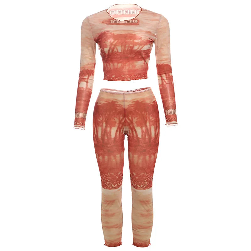 2025 Summer Sexy Mesh Print Slim 2 Piece Set Women O Neck Full