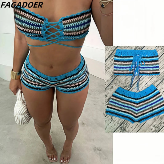 FAGADOER Y2k Sexy Knit 2 Piece Sets Women Outfit Tube Stripe Lace