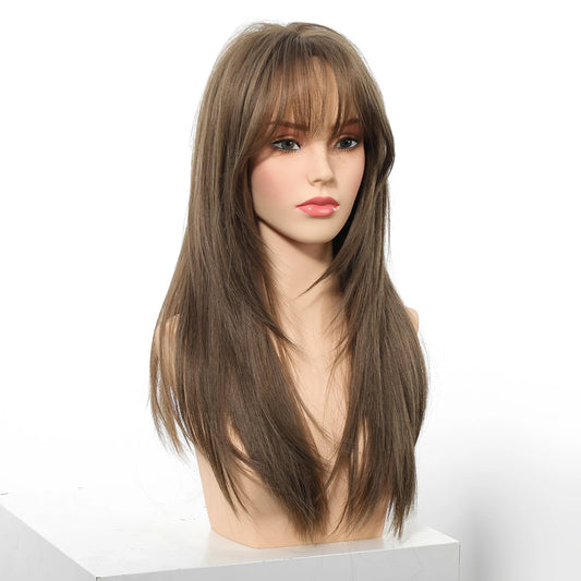 EASIHAIR Brown Straight Layered Wigs for Women Long Natural Hair