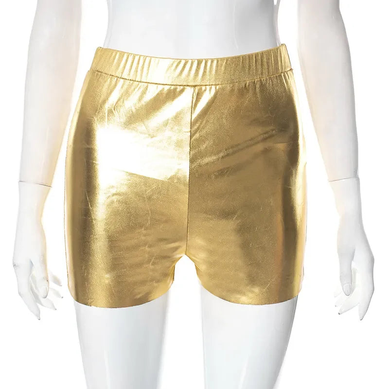 Women 2 Piece Shiny Silver Gold Leather Bustiers Corsets Slim Shorts