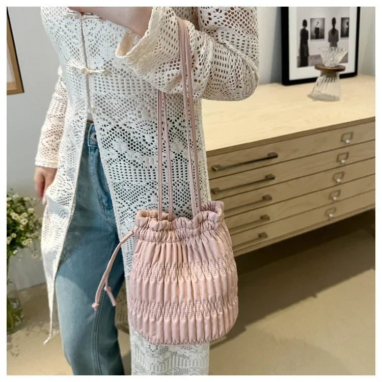 Silver Pleated Drawstring Shoulder Bucket Bags Women