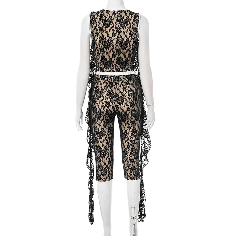 2025 Summer Lace Ribbons Sheer Slim Elegant 2 Piece Set Women