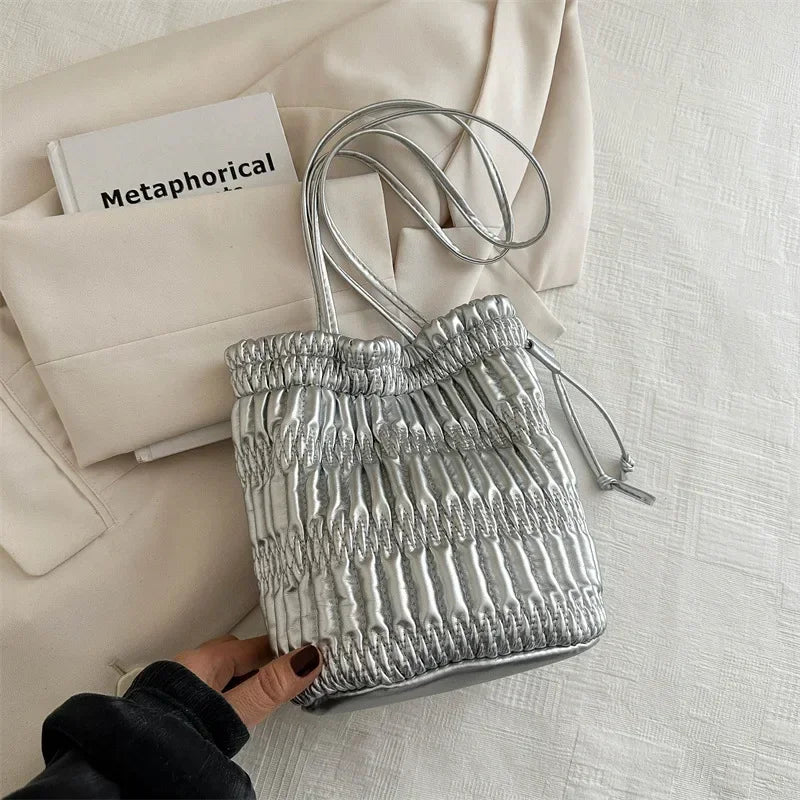 Silver Pleated Drawstring Shoulder Bucket Bags Women