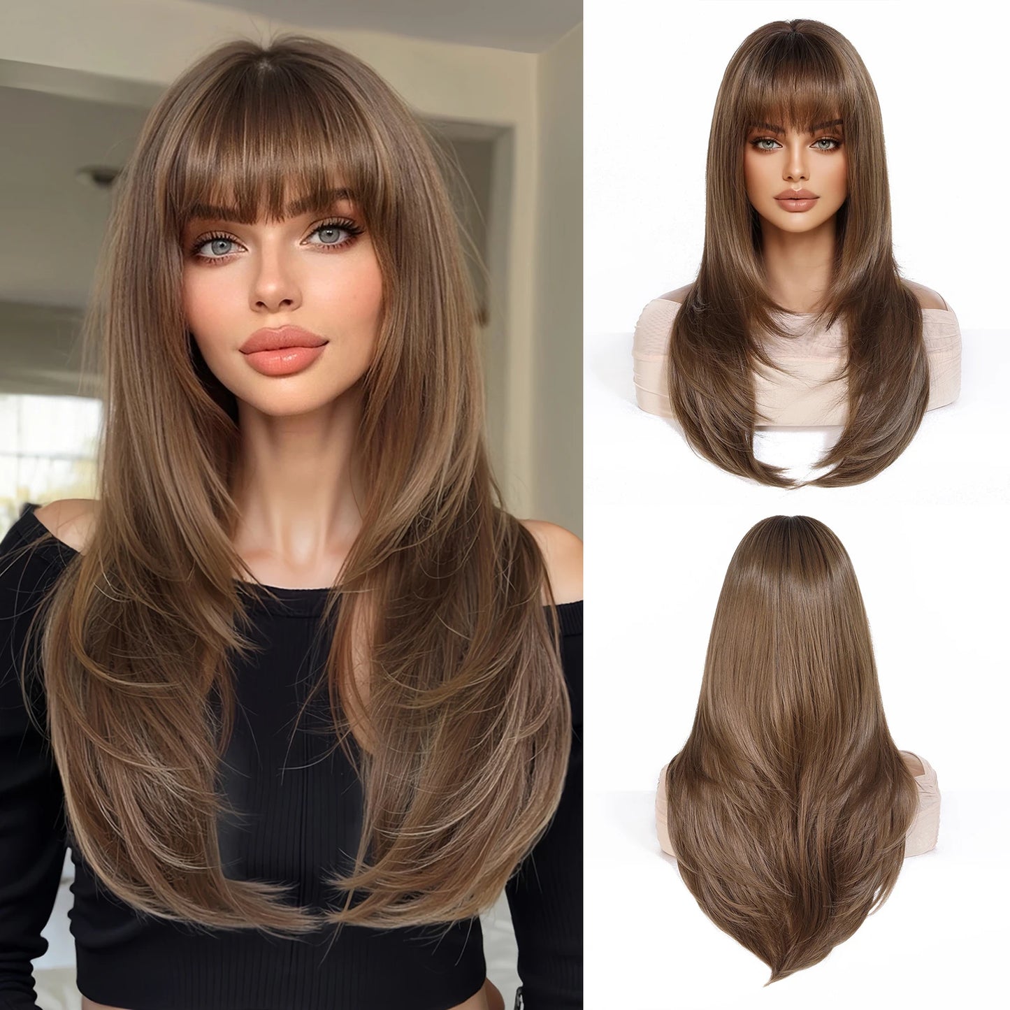 EASIHAIR Brown Straight Layered Wigs for Women Long Natural Hair