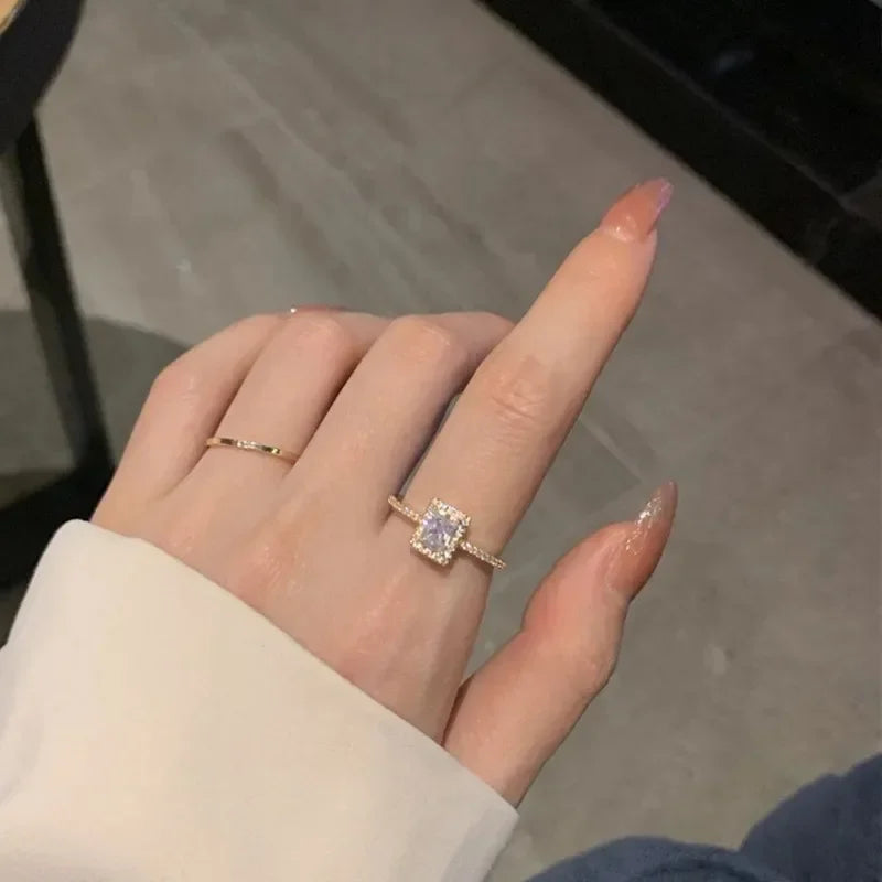 INS Opening Square Zircon Crystal Ring for Women