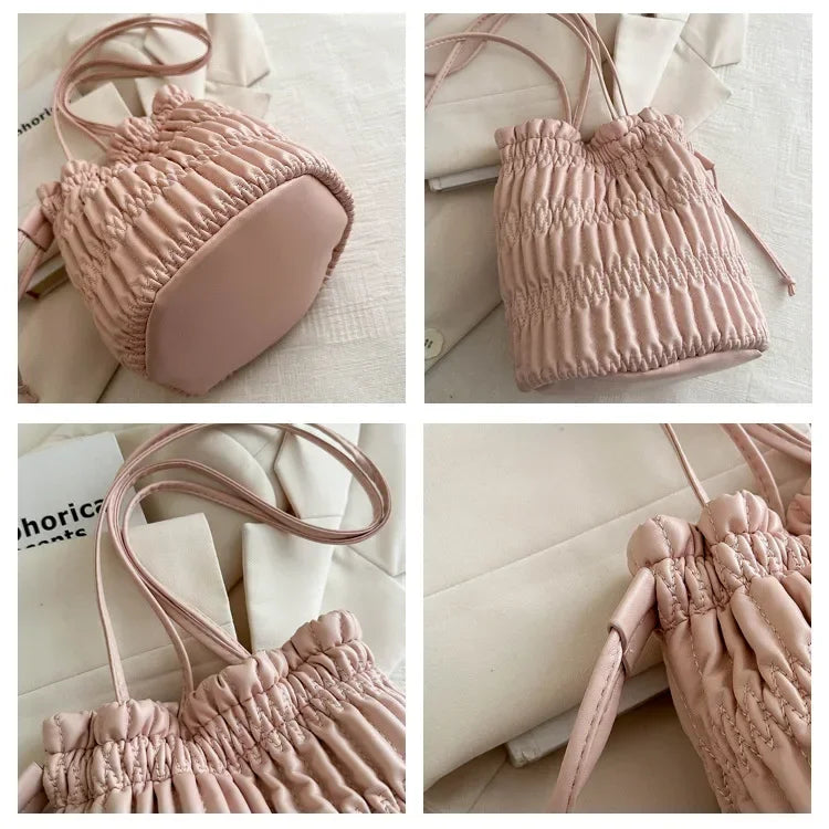 Silver Pleated Drawstring Shoulder Bucket Bags Women