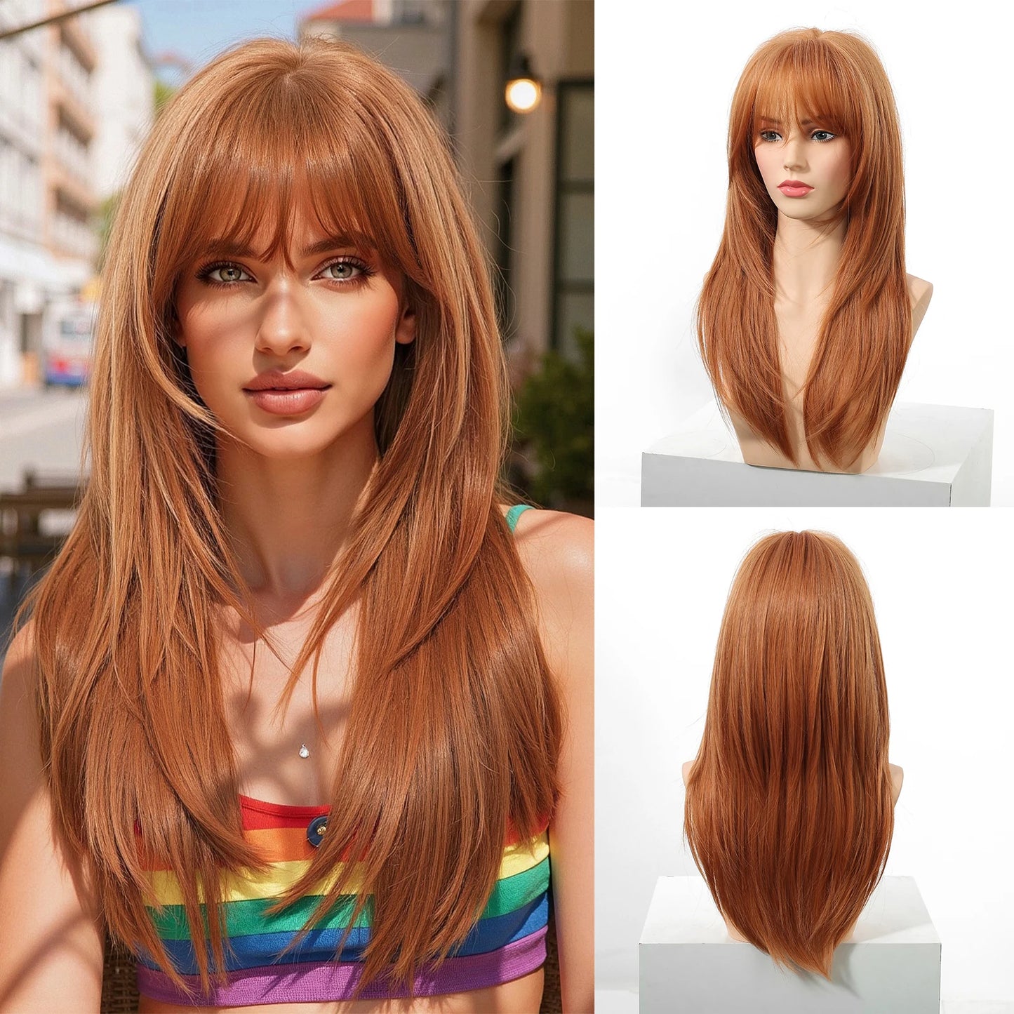 EASIHAIR Brown Straight Layered Wigs for Women Long Natural Hair