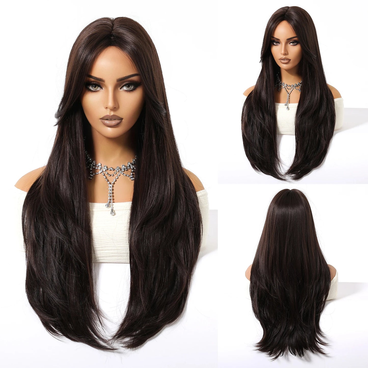 EASIHAIR Women Synthetic Wigs Long Brown Ombre Blonde Layered Hair Straight Wigs
