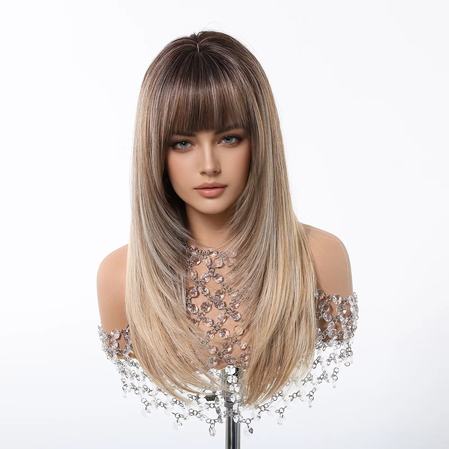 EASIHAIR Women Synthetic Wigs Long Brown Ombre Blonde Layered Hair Straight Wigs