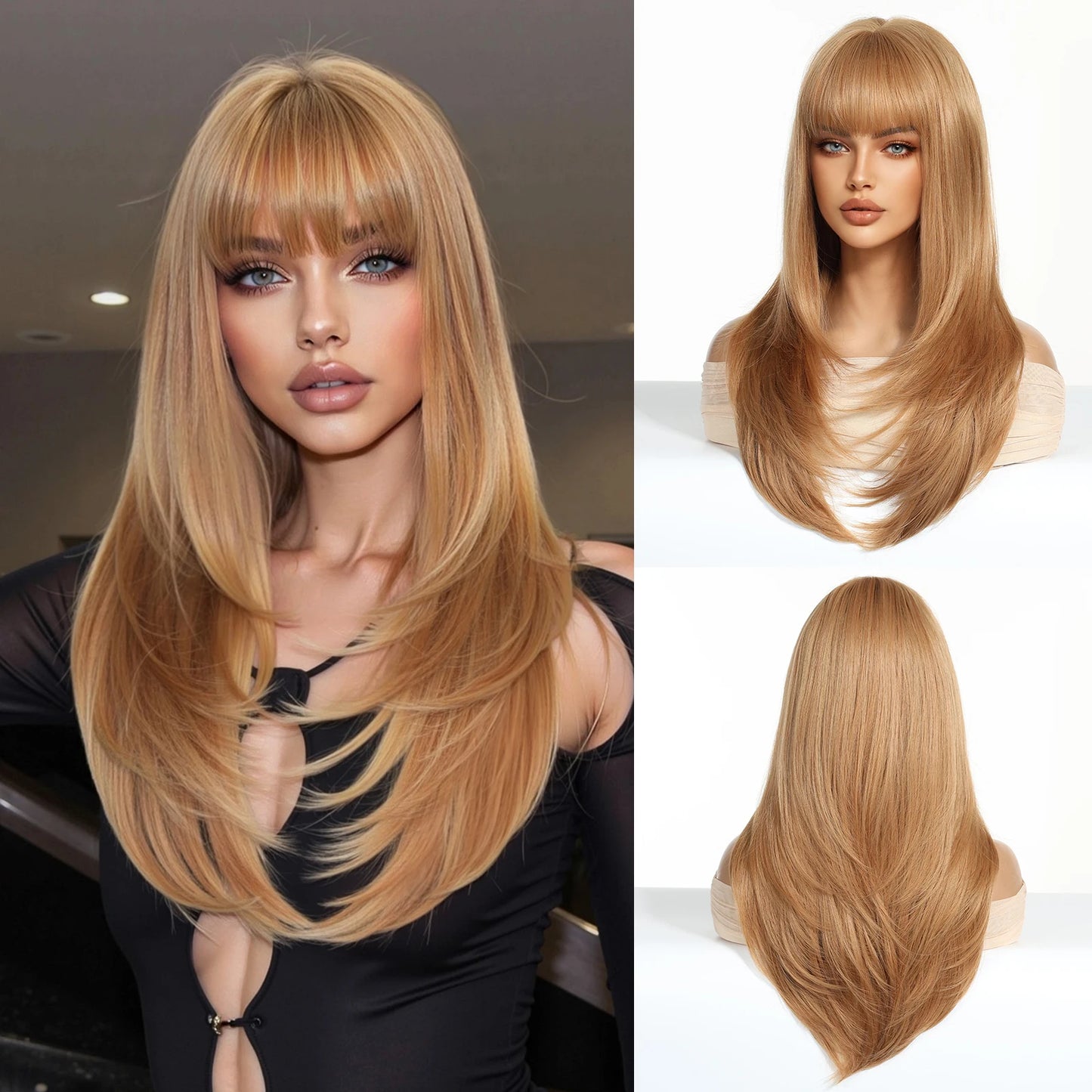 EASIHAIR Women Synthetic Wigs Long Brown Ombre Blonde Layered Hair Straight Wigs