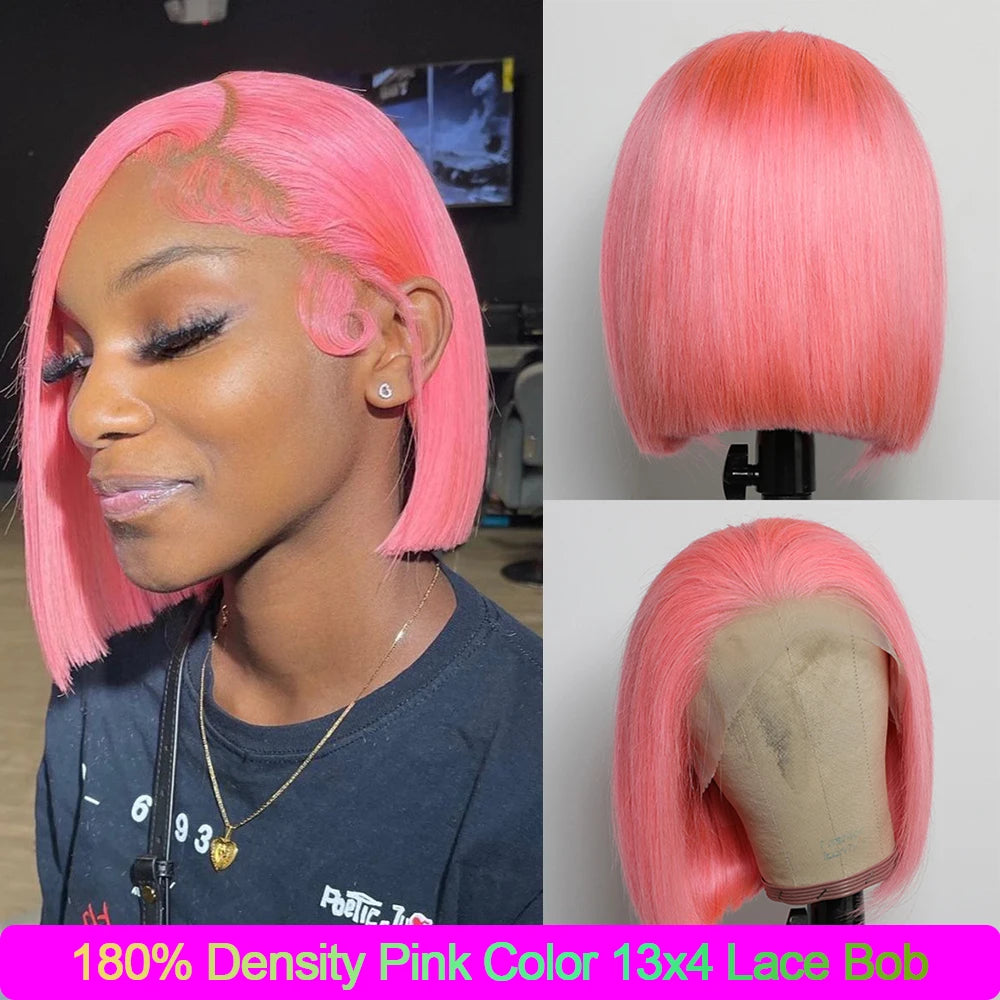Pink Bob Wig Human Hair 180% Denity