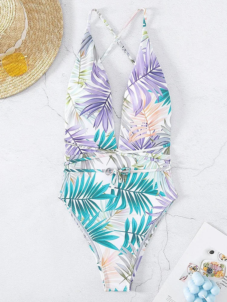 2025 Sexy Print Deep V Swimwear