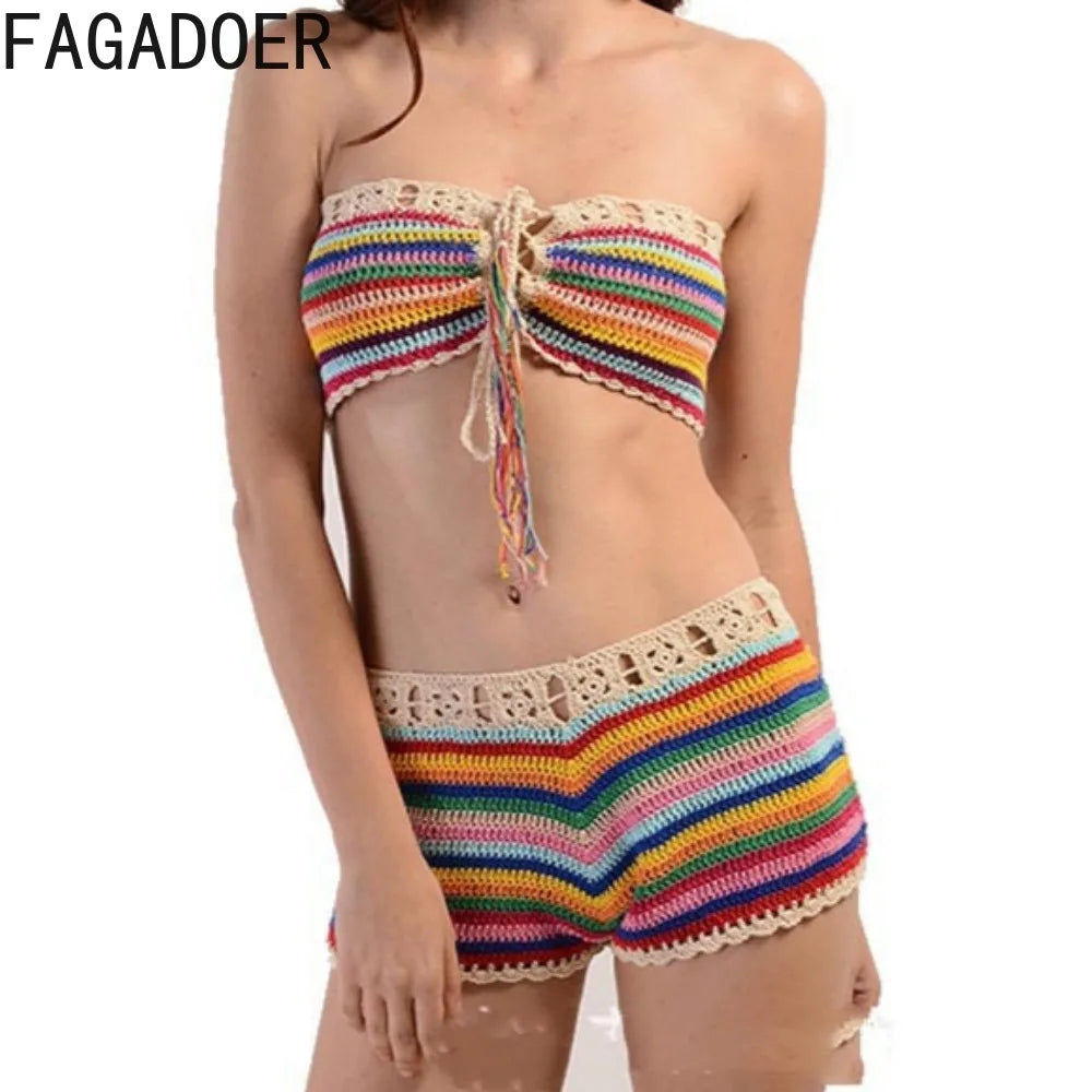 FAGADOER Y2k Sexy Knit 2 Piece Sets Women Outfit Tube Stripe Lace
