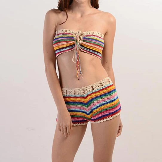 FAGADOER Y2k Sexy Knit 2 Piece Sets Women Outfit Tube Stripe Lace