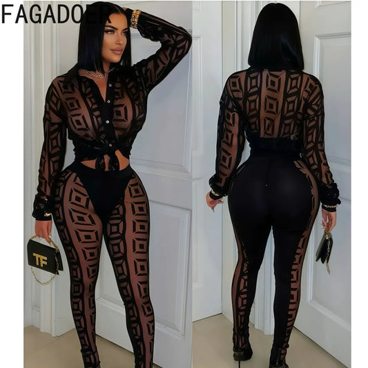 FAGADOER Sexy Mesh Women 2 Piece Set Outfit See Through